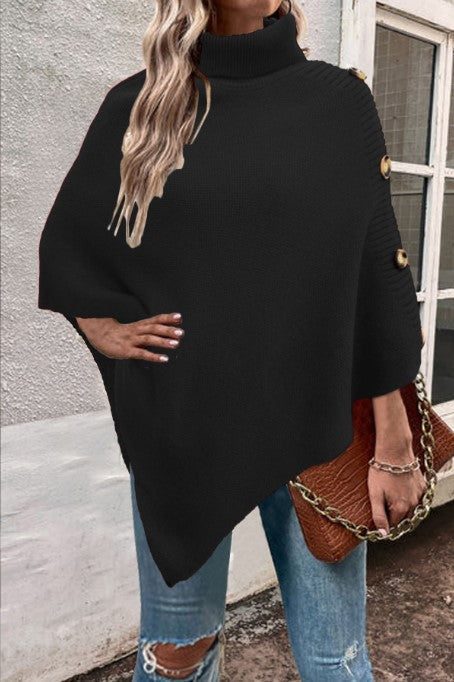Damen Strick-Poncho mit hohem Kragen und Knopfdetails Krohn-e