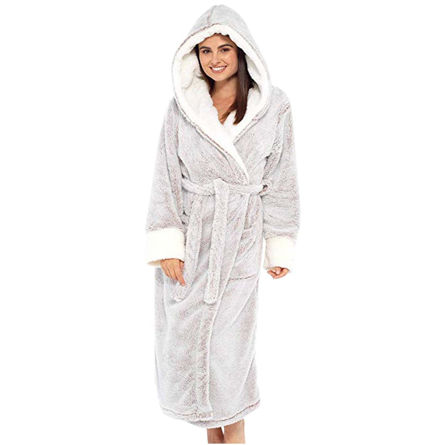 Damen Kuscheliger Fleece-Morgenmantel mit Kapuze und Gürtel Krohn-e