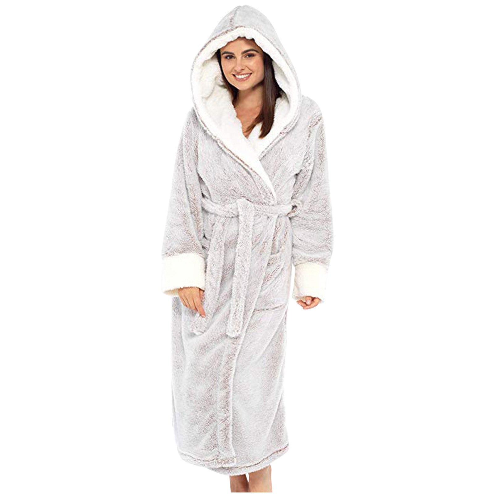 Damen Kuscheliger Fleece-Morgenmantel mit Kapuze und Gürtel Krohn-e
