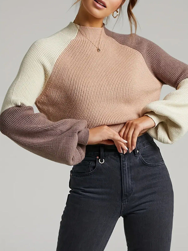 Krohn-e | Pullover Sweatshirt Übergröße Fit Gerippter Strick Mock Neck Glockenärmel