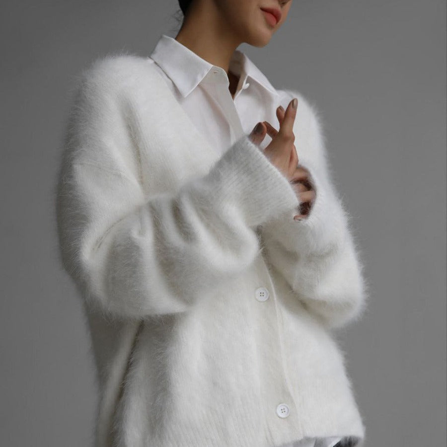Damen weicher Strickcardigan mit luxuriösem Mohair-Anteil und lässigem Schnitt Krohn-e
