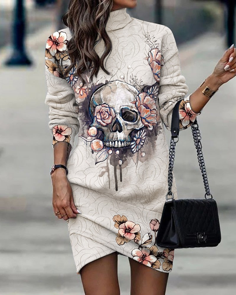 Damen Sweatshirtkleid mit grafischem Totenkopf-Design und Blumen Krohn-e