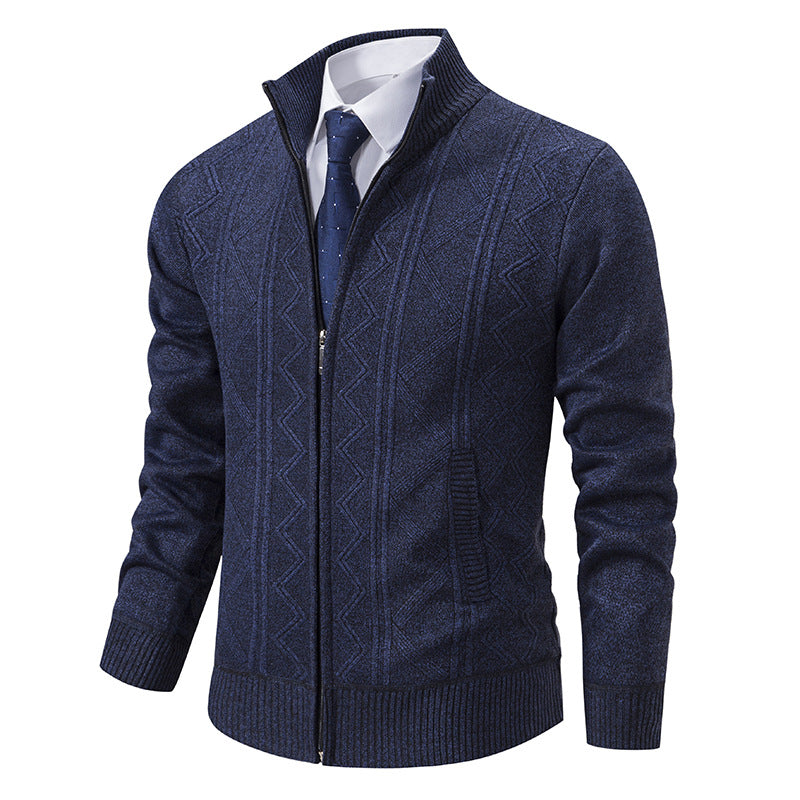 Herren elegante Strickjacke mit strukturiertem Zopfmuster und hohem Kragen Krohn-e
