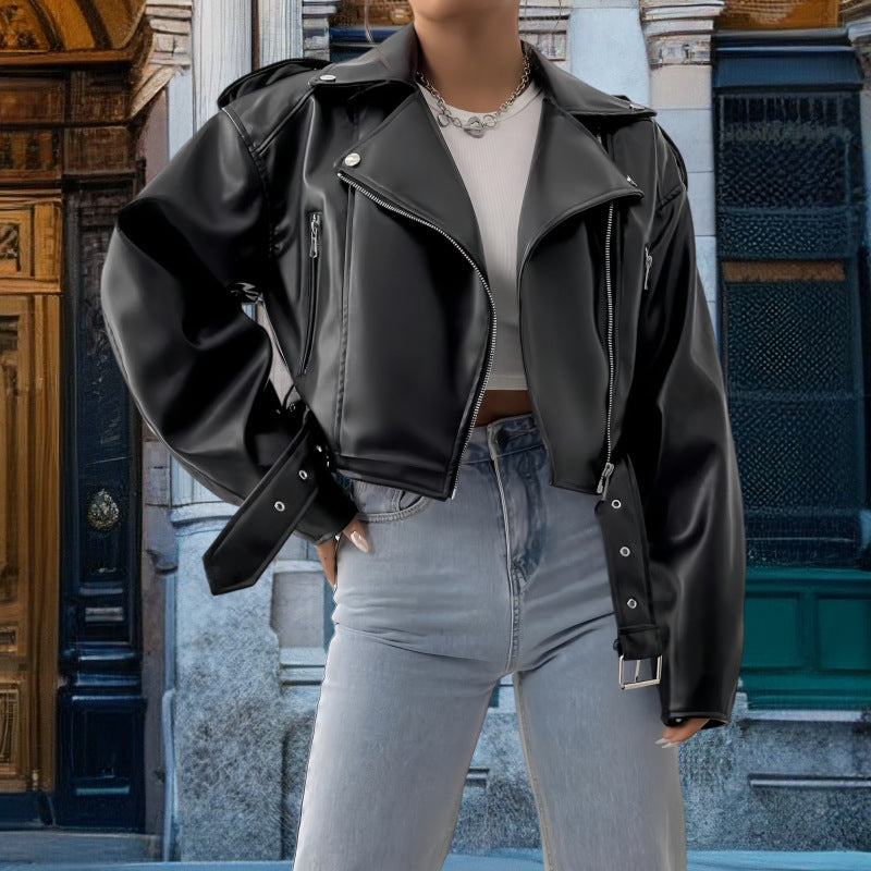 Damen Kunstleder Bikerjacke mit weitem Schnitt und umfangreichen Details Krohn-e