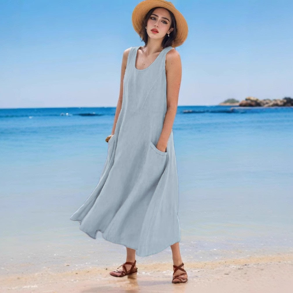 Sommerkleid aus Leinen, ärmellos, Rundhals, mit Tasche von Fudus