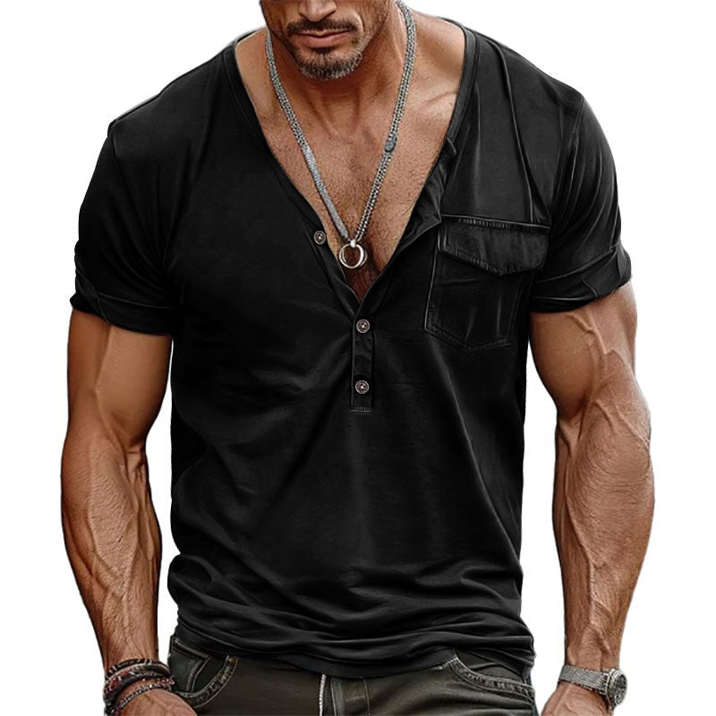 Herren Kurzarm-Henley-T-Shirt mit dekorativer Brusttasche und modernem Schnitt Krohn-e