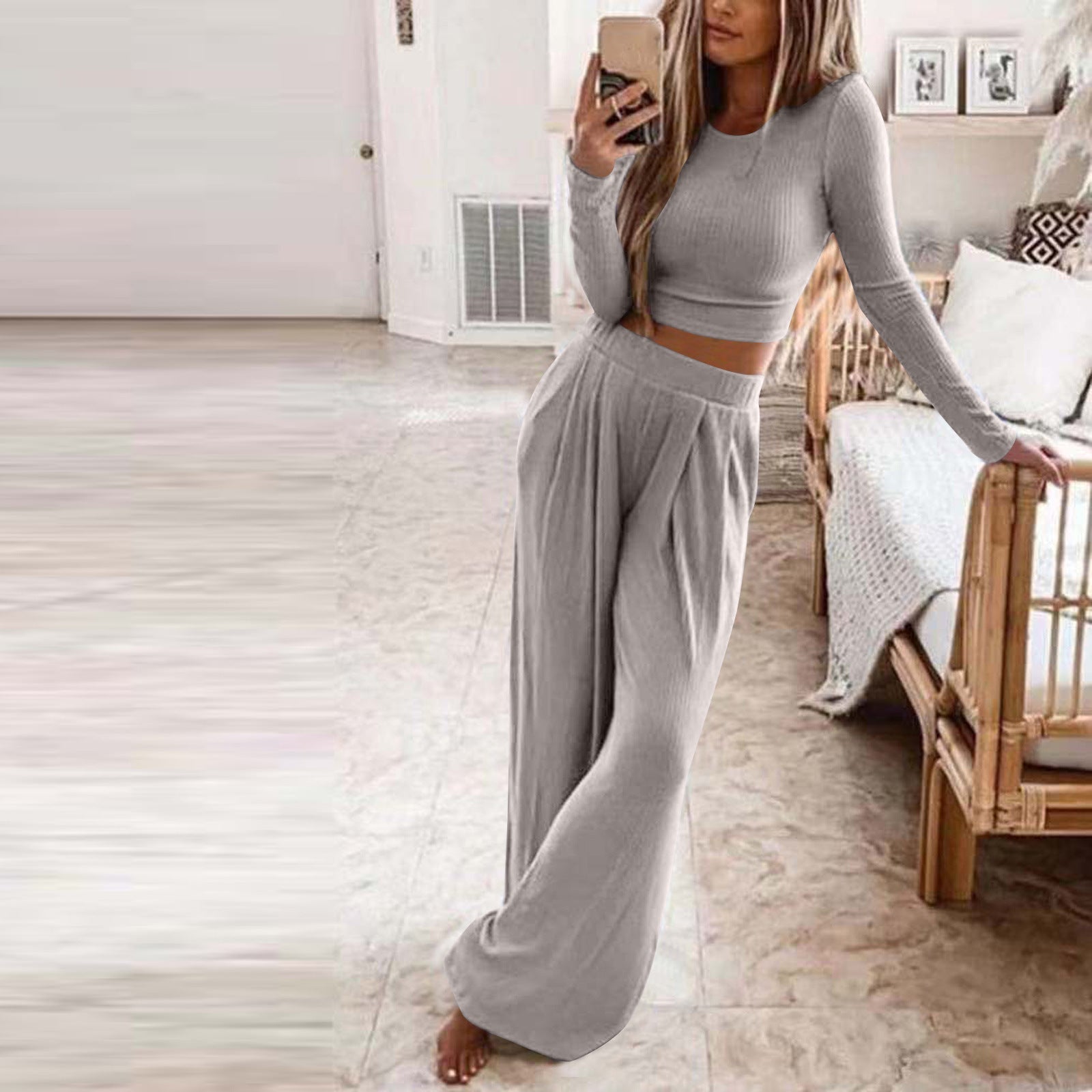 Damen Elegantes Lounge-Set mit langärmeligem Oberteil und weiten Hosen Krohn-e