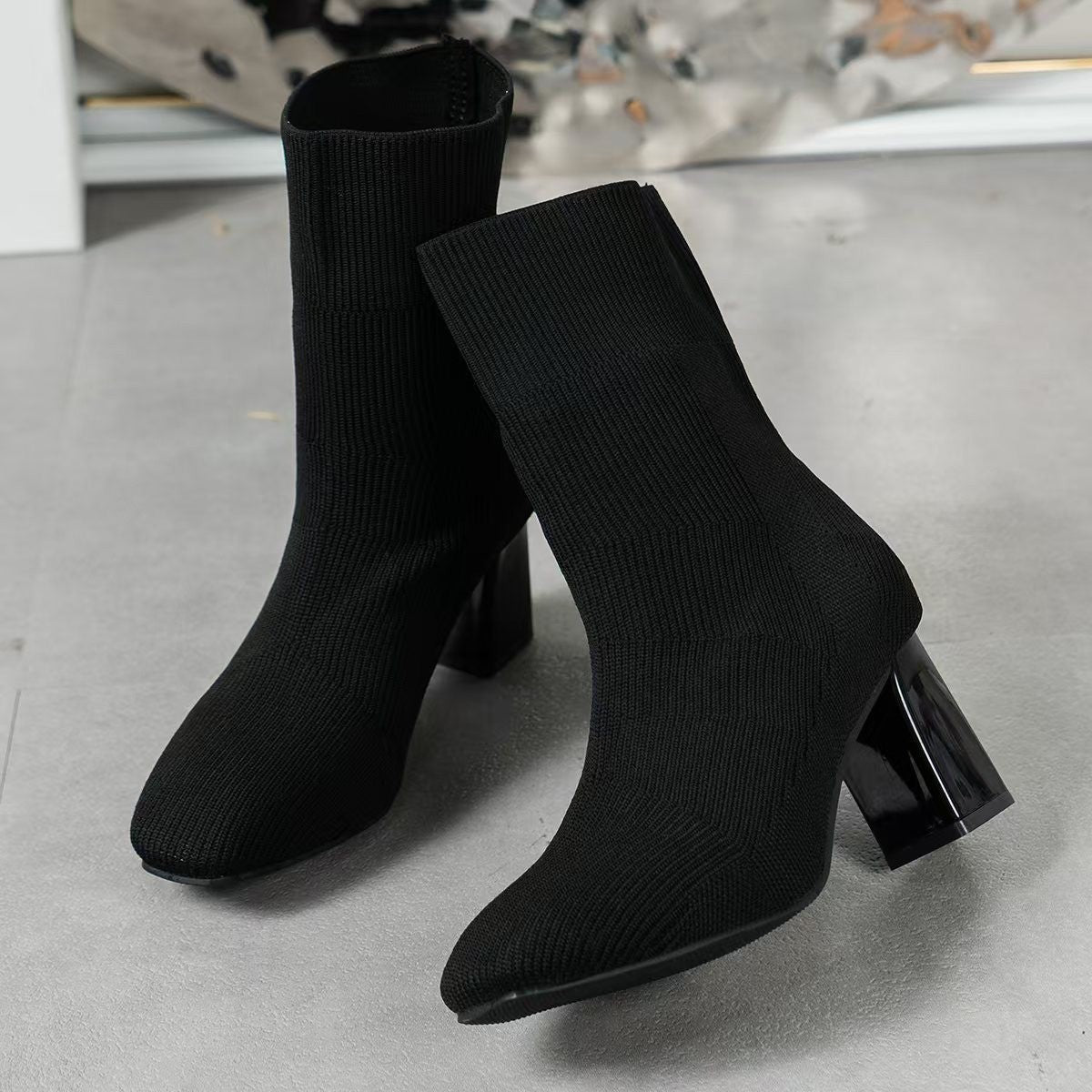 Damen Strickstiefeletten mit transparentem Blockabsatz und elastischem Schaft Krohn-e