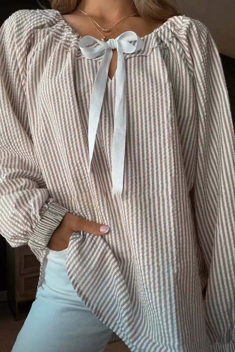 Damen Bluse mit elastischem Ausschnitt und Schleifenbindung Krohn-e
