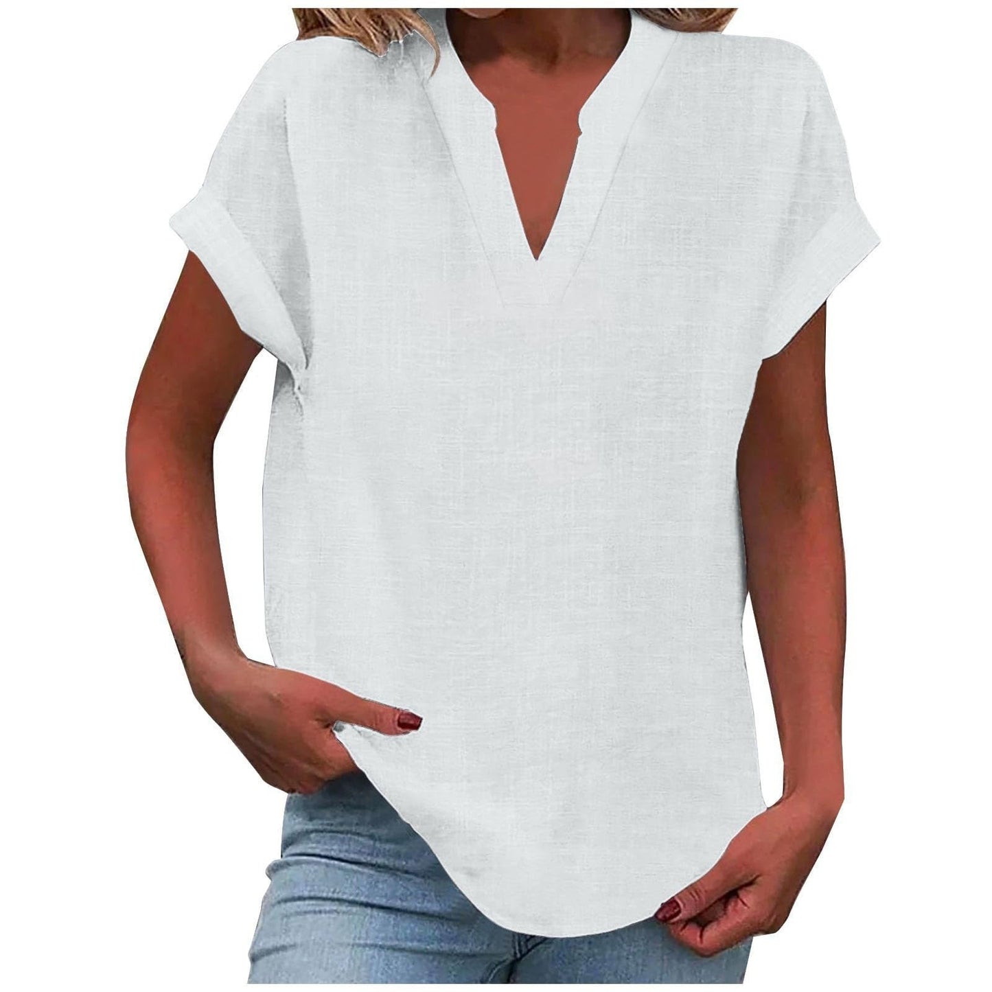 KROHN-E Damen V-Ausschnitt Bluse Relaxed Fit Leichter Stoff Weiß