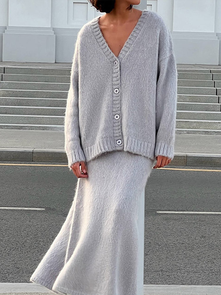 Damen kuschelige Strickjacke und Wadenlanger Rock Set Krohn-e