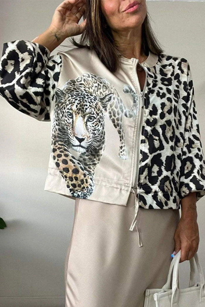Damen entspannte Bomberjacke mit extravagantem Leoparden-Motiv Krohn-e
