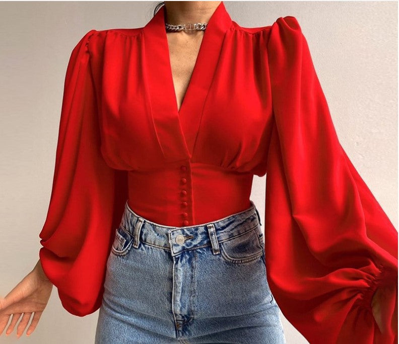 Romantische Bluse mit V-Ausschnitt und Laternenärmeln von Fudus