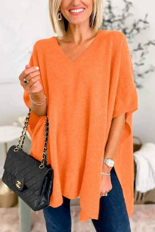 Damen lässiger Strickponcho mit V-Ausschnitt und überschnittenen Ärmeln Krohn-e