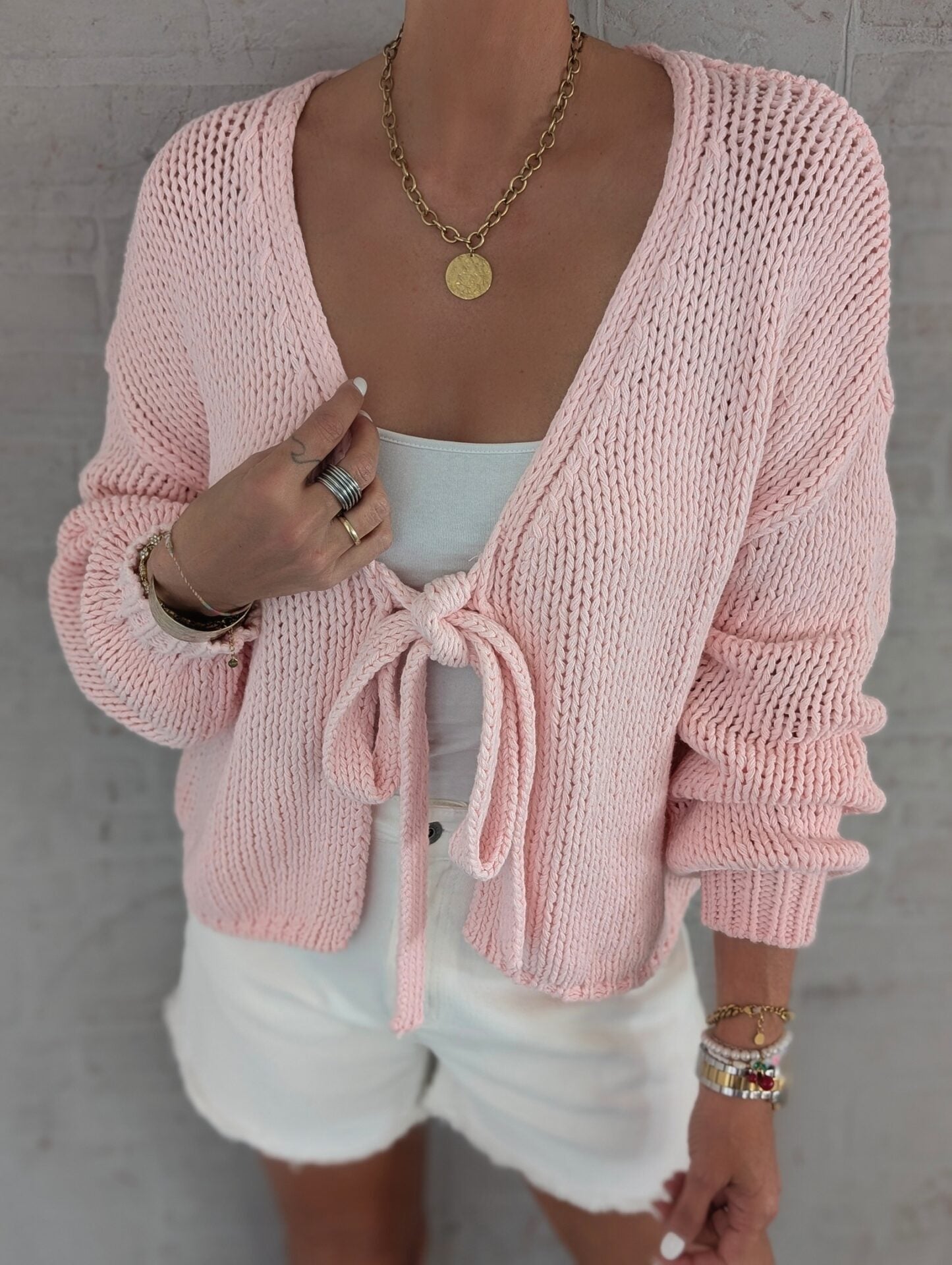 Damen lässige Strickjacke mit Bindeverschluss und weiten Ärmeln Krohn-e