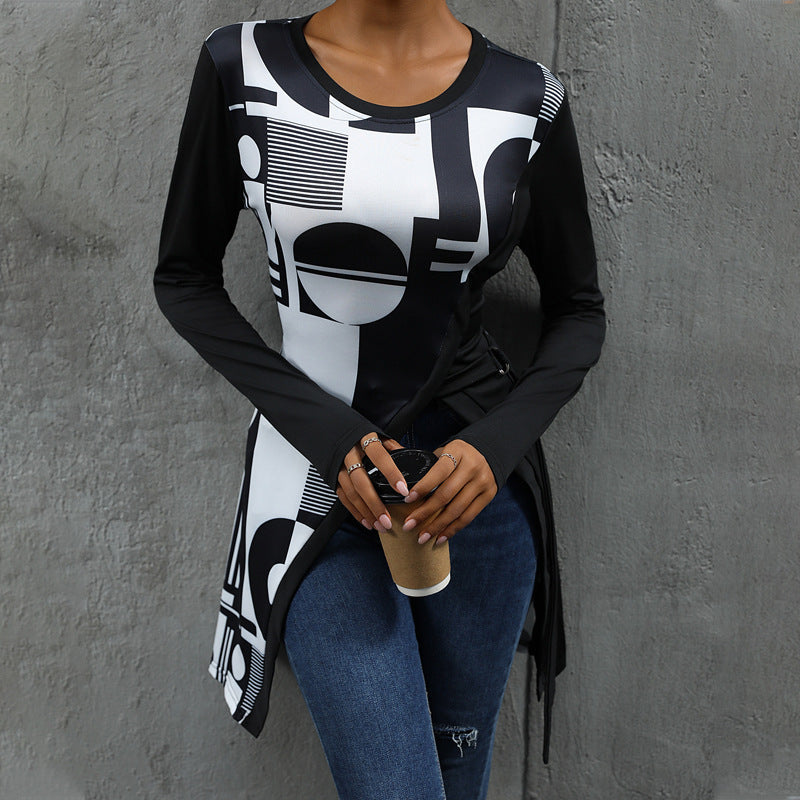 Damen Langarmshirt mit grafischem Muster und asymmetrischem Saum Krohn-e