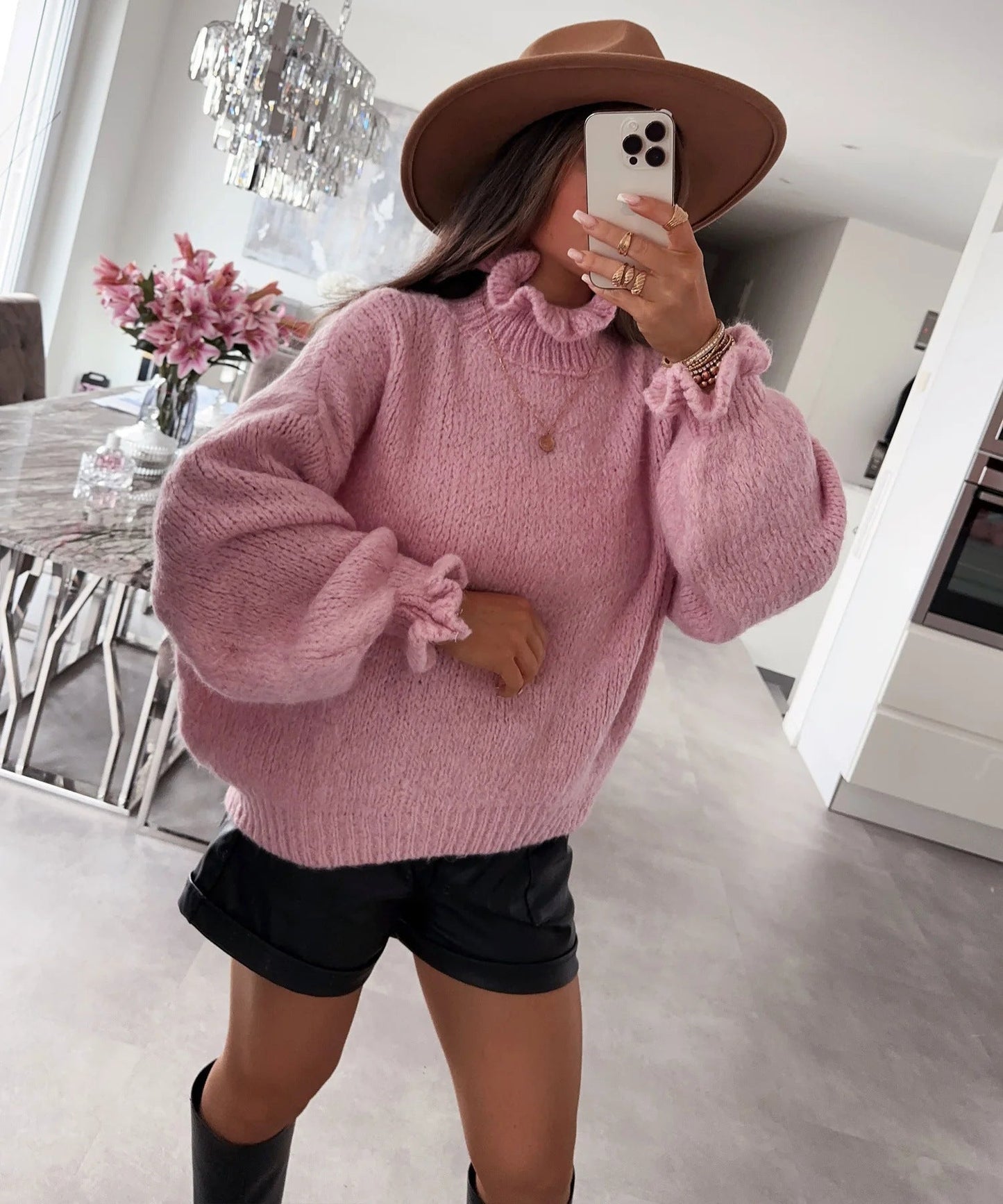 Damen kuscheliger Rollkragenpullover mit weiten Ärmeln und strukturellem Design Krohn-e