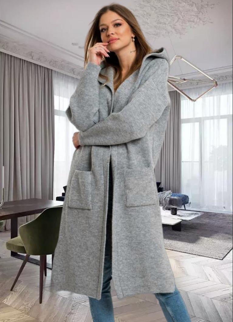 Damen Strickmantel mit Kapuze und großen Taschen Krohn-e