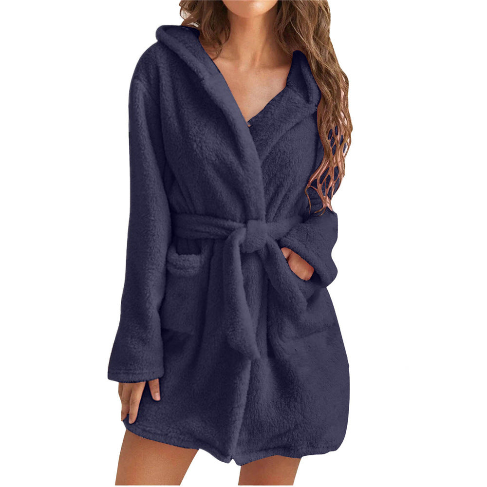 Damen Fleece Bademantel mit Kapuze und Gürtel Krohn-e