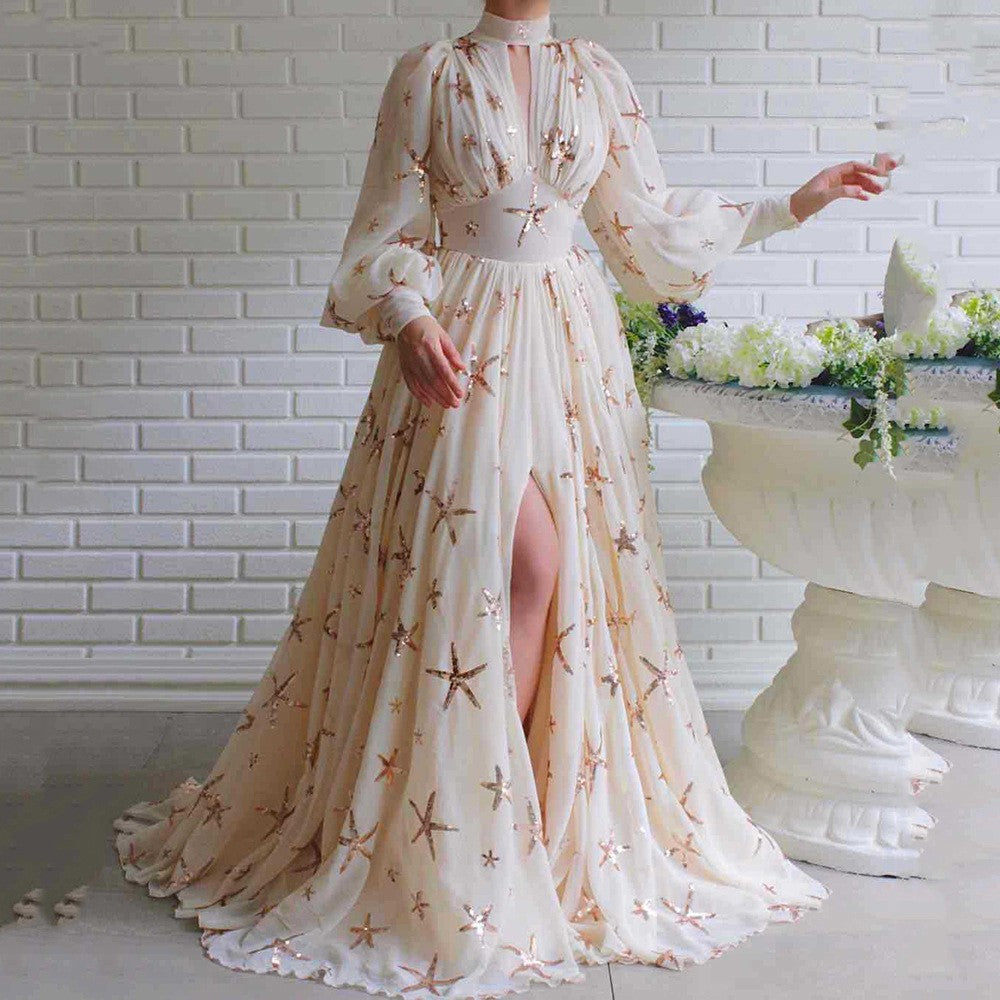 Chiffon Abendkleid von Fudus mit eleganten Laternenärmeln und weitem Saum