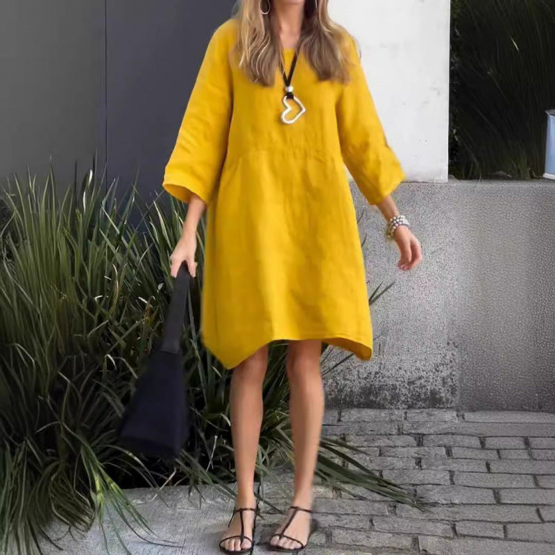 Einfarbiges, lockeres Baumwoll-Leinenkleid von Fudus