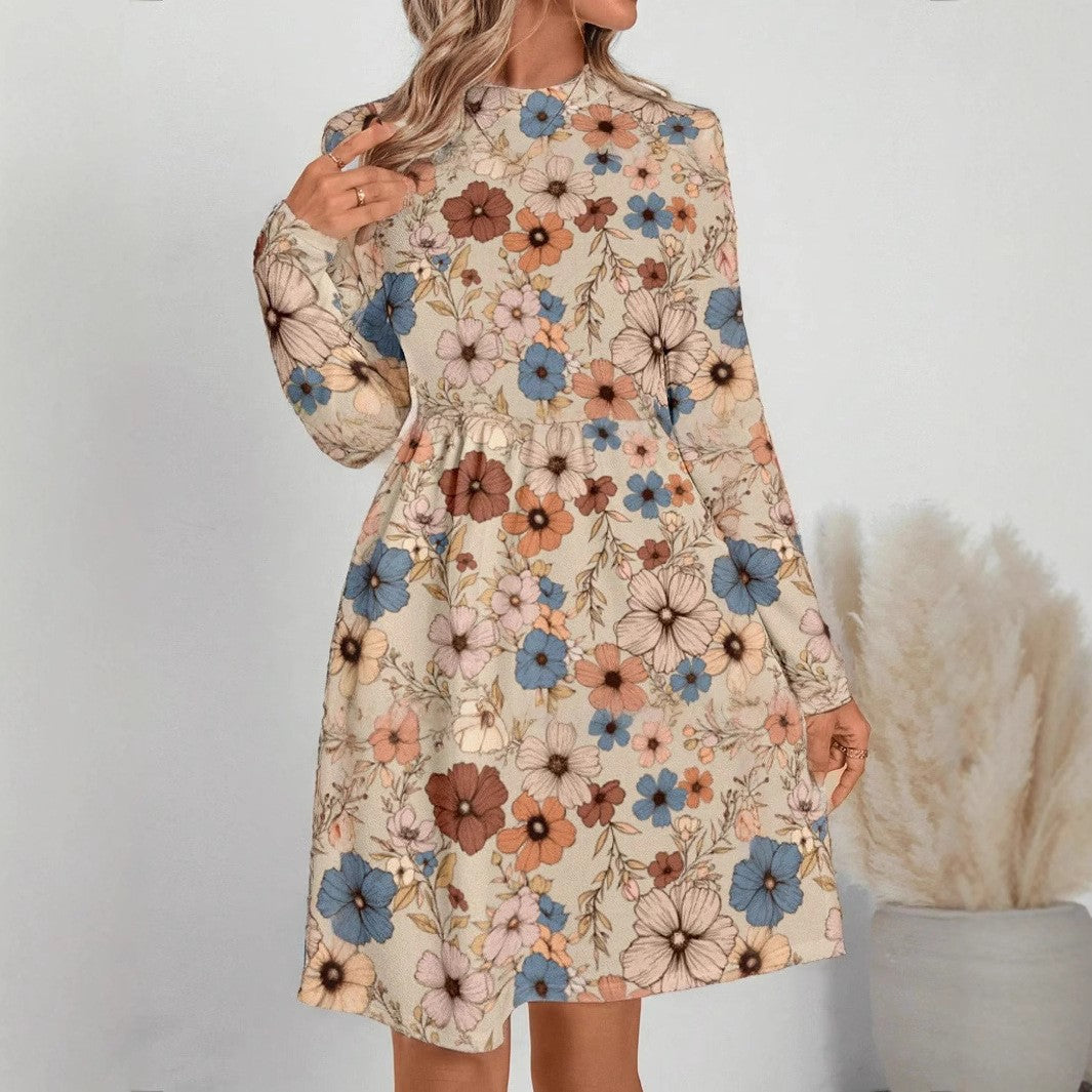 Fudus Schickes Blumenmuster-Rundhals-Langarmkleid