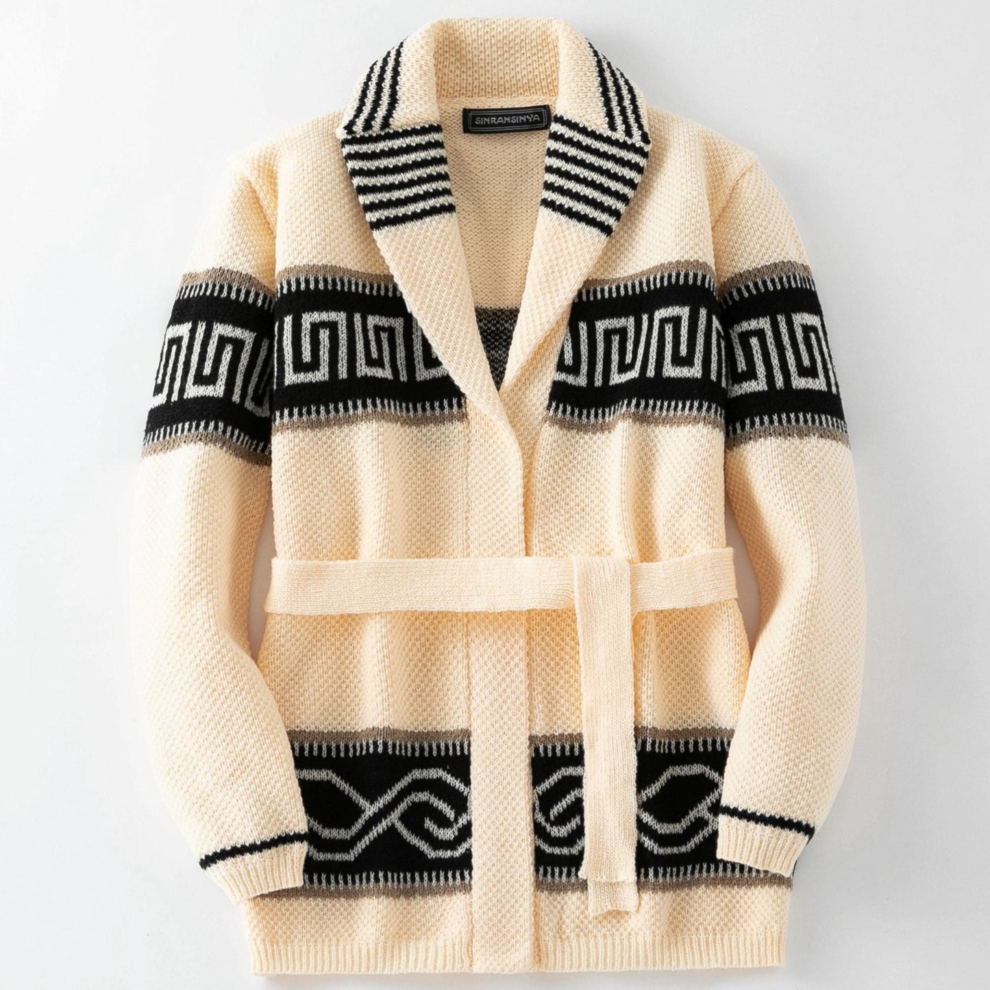Damen Modische Strickjacke mit Gürtel und geometrischem Muster Krohn-e