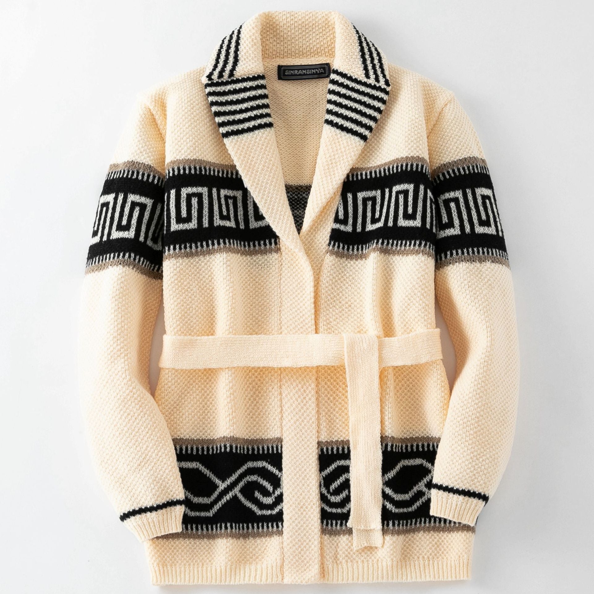 Damen Modische Strickjacke mit Gürtel und geometrischem Muster Krohn-e