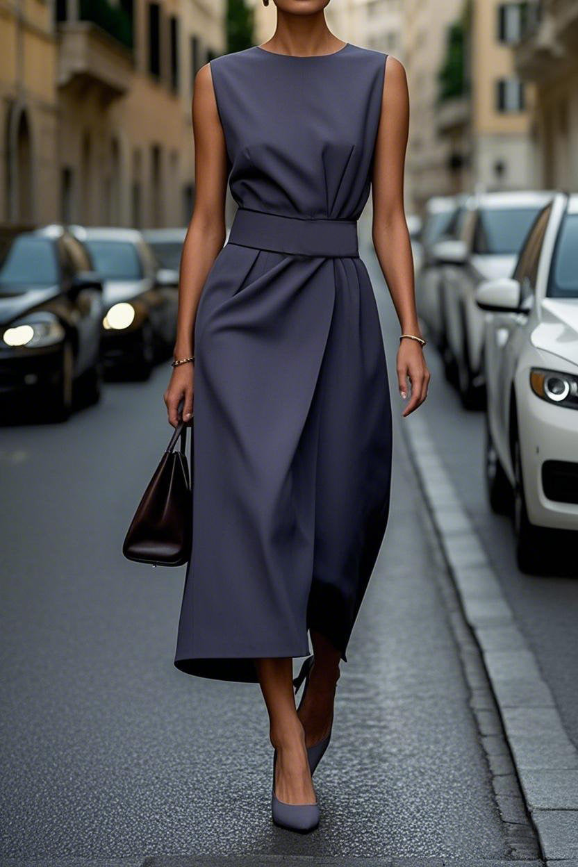 Damen gehobenes Maxi-Kleid mit elegantem Taillengürtel und fließendem Schnitt Krohn-e