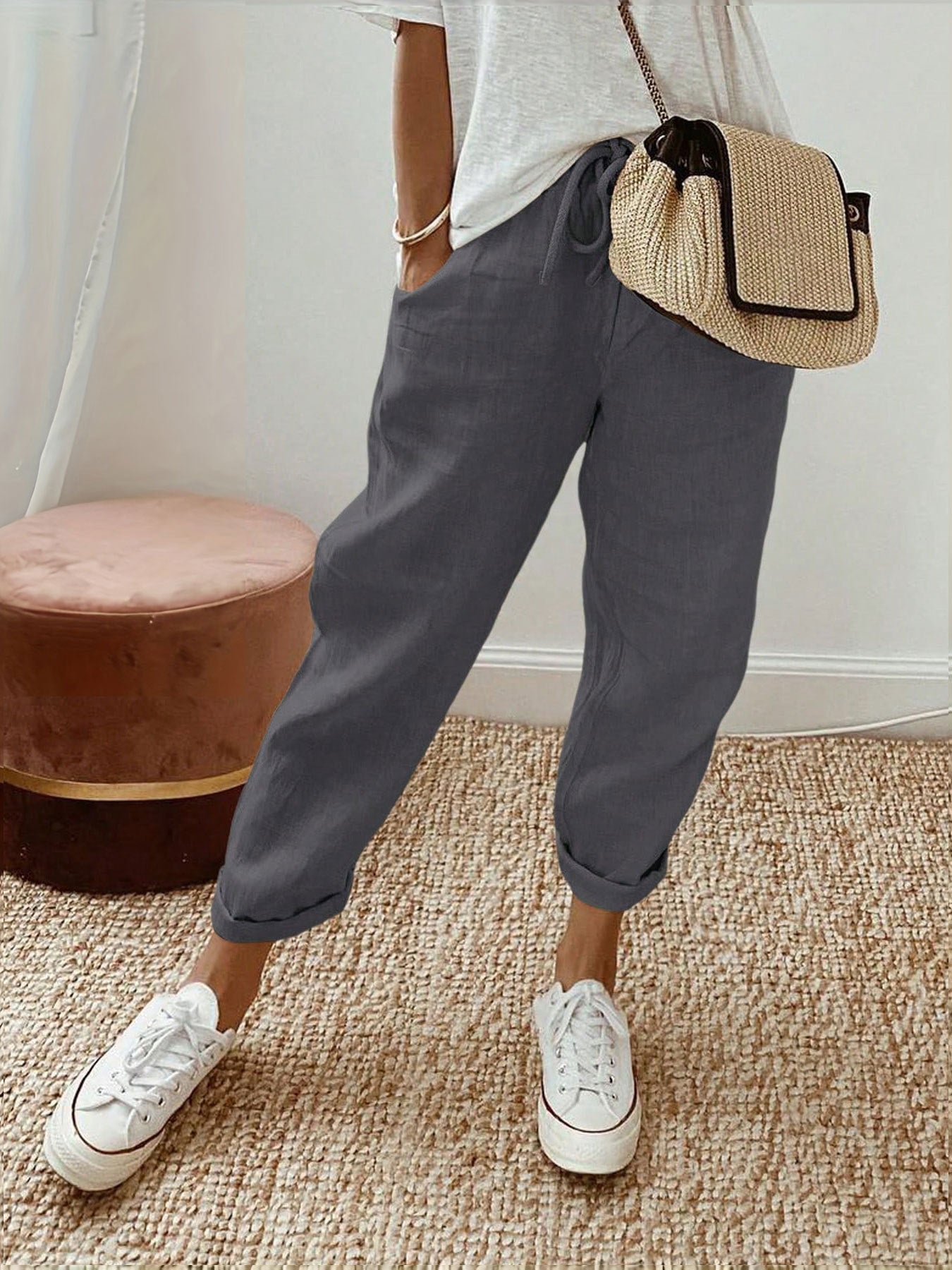 Damen Lässige Leinen-Hose mit elastischem Bund und praktischen Taschen Krohn-e