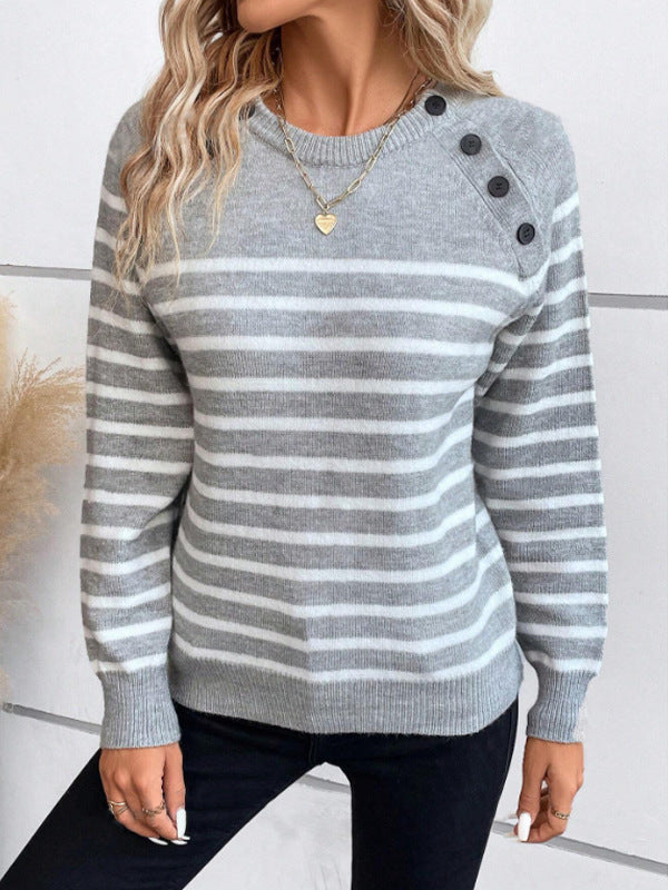 Damen gestreifter Pullover mit dekorativen Knopfdetails und Rundhalsausschnitt Krohn-e