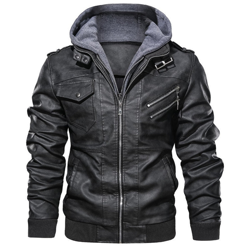 Herren Kunstlederjacke mit abnehmbarer Kapuze und stylischen Taschen Krohn-e