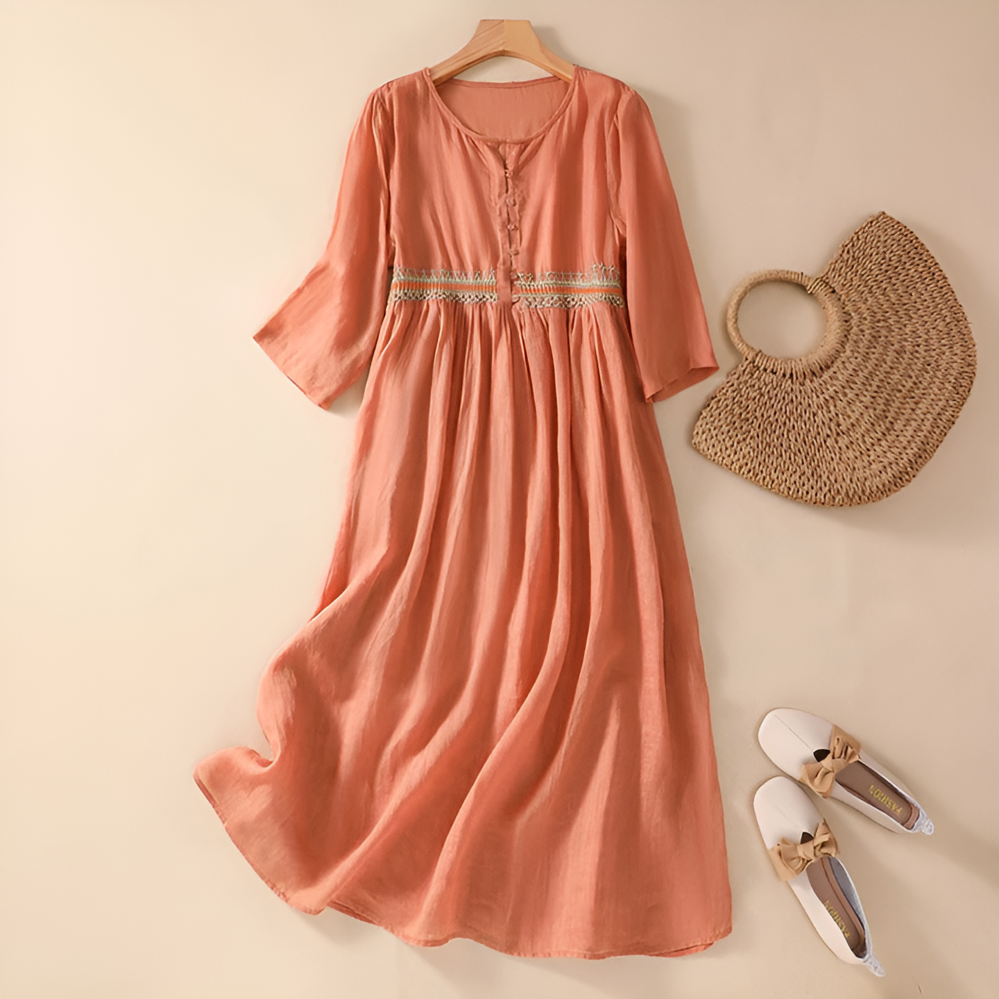 KROHN-E Damen Midi-Kleid bestickt fließend verstellbare Träger Casual
