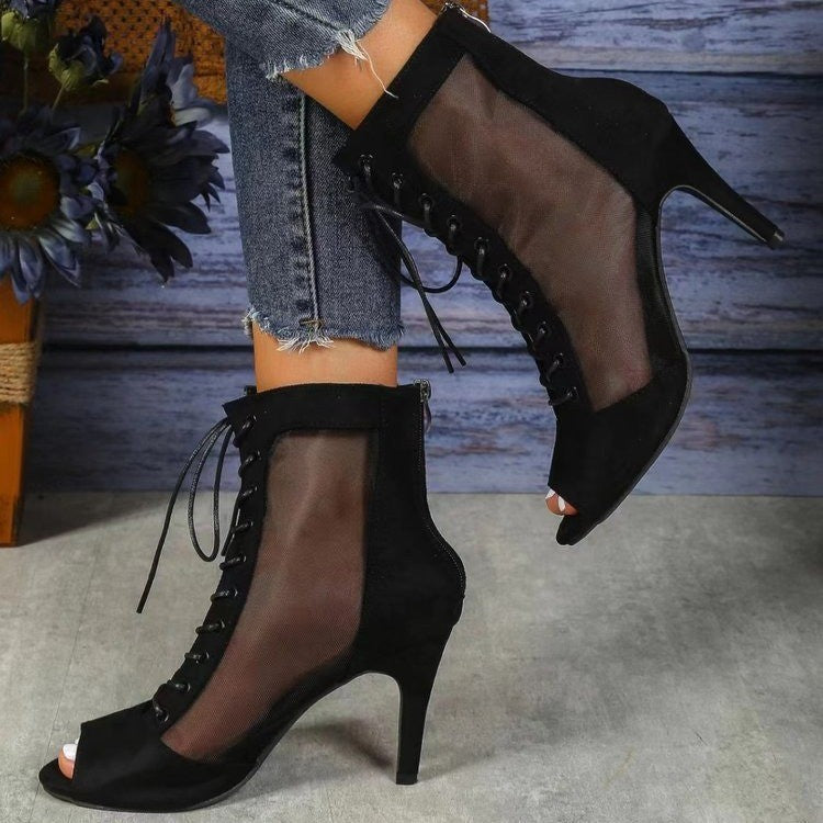Damen Halboffene High Heel Stiefel mit transparentem Seiteneinsatz und Schnürung Krohn-e