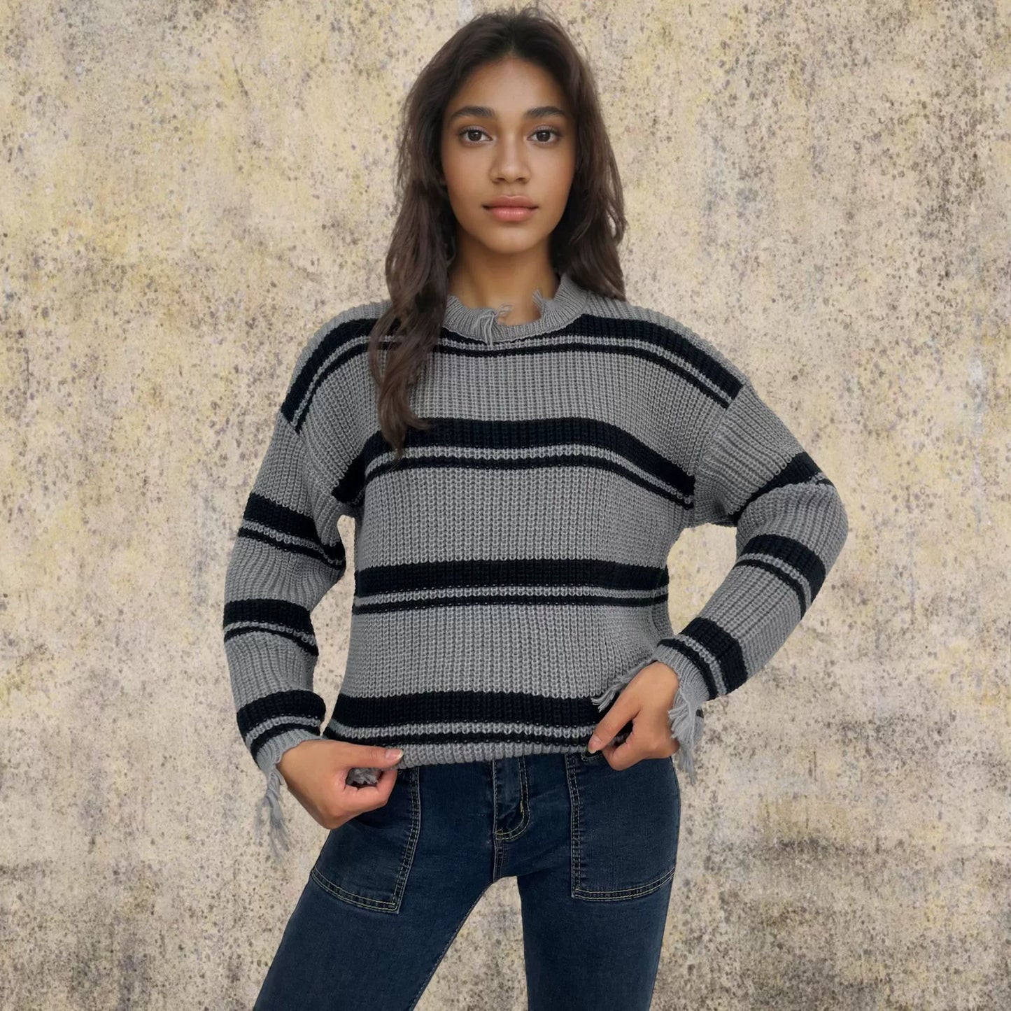 Krohn-e | Pullover Pullover Übergröße Fit Gestrickte Wolle Kontraststreifen Fransen Saum