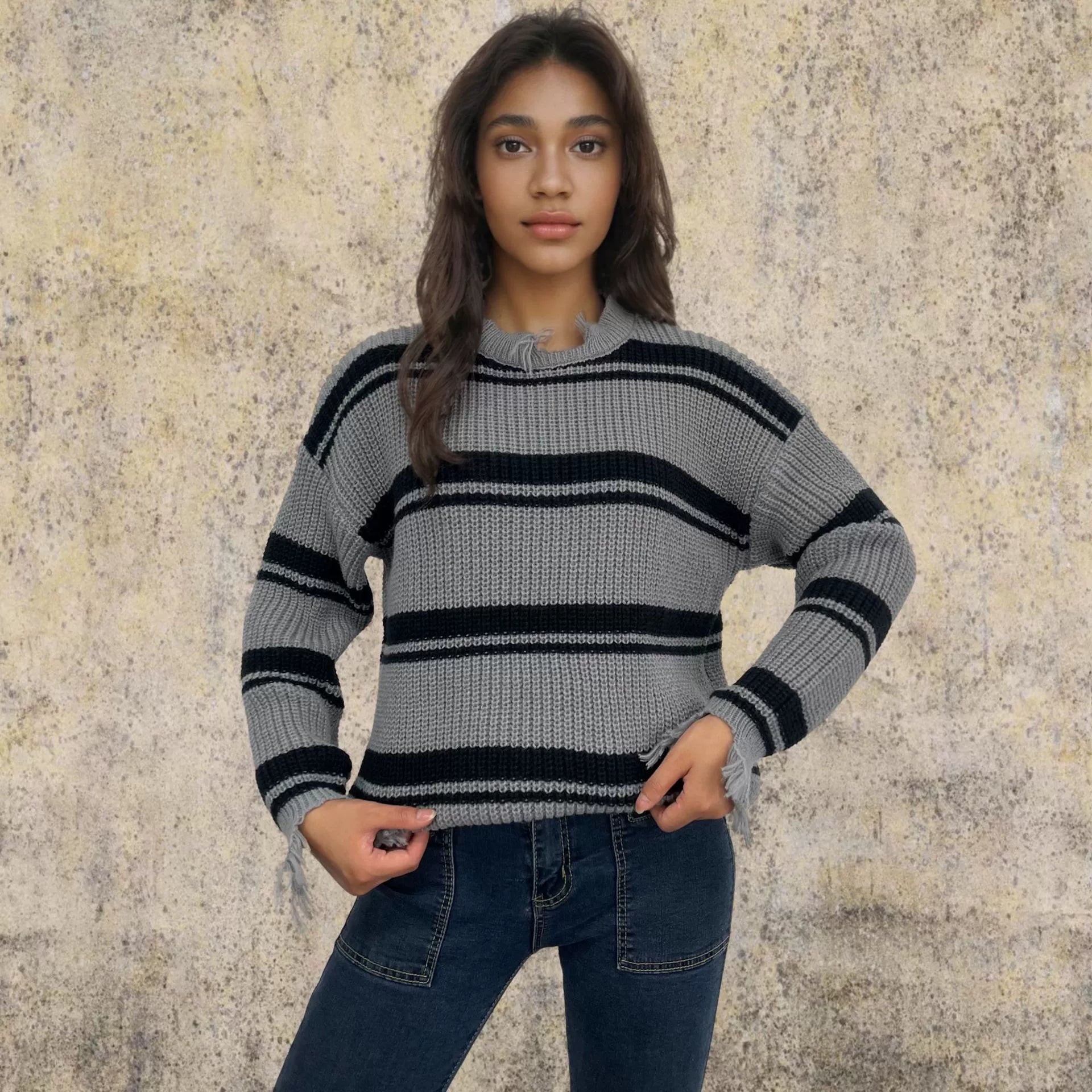 Krohn-e | Pullover Pullover Übergröße Fit Gestrickte Wolle Kontraststreifen Fransen Saum