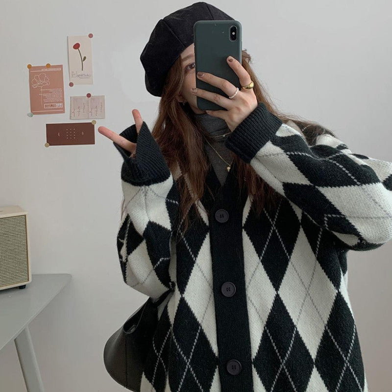 Damen lässige Strickjacke mit Rautenmuster und großen Knöpfen Krohn-e