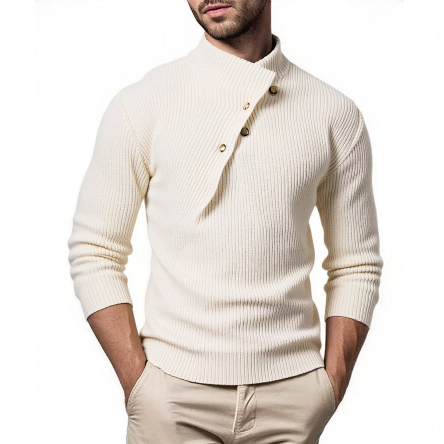 Herren modischer Strickpullover mit Stehkragen und asymmetrischer Knopfleiste Krohn-e