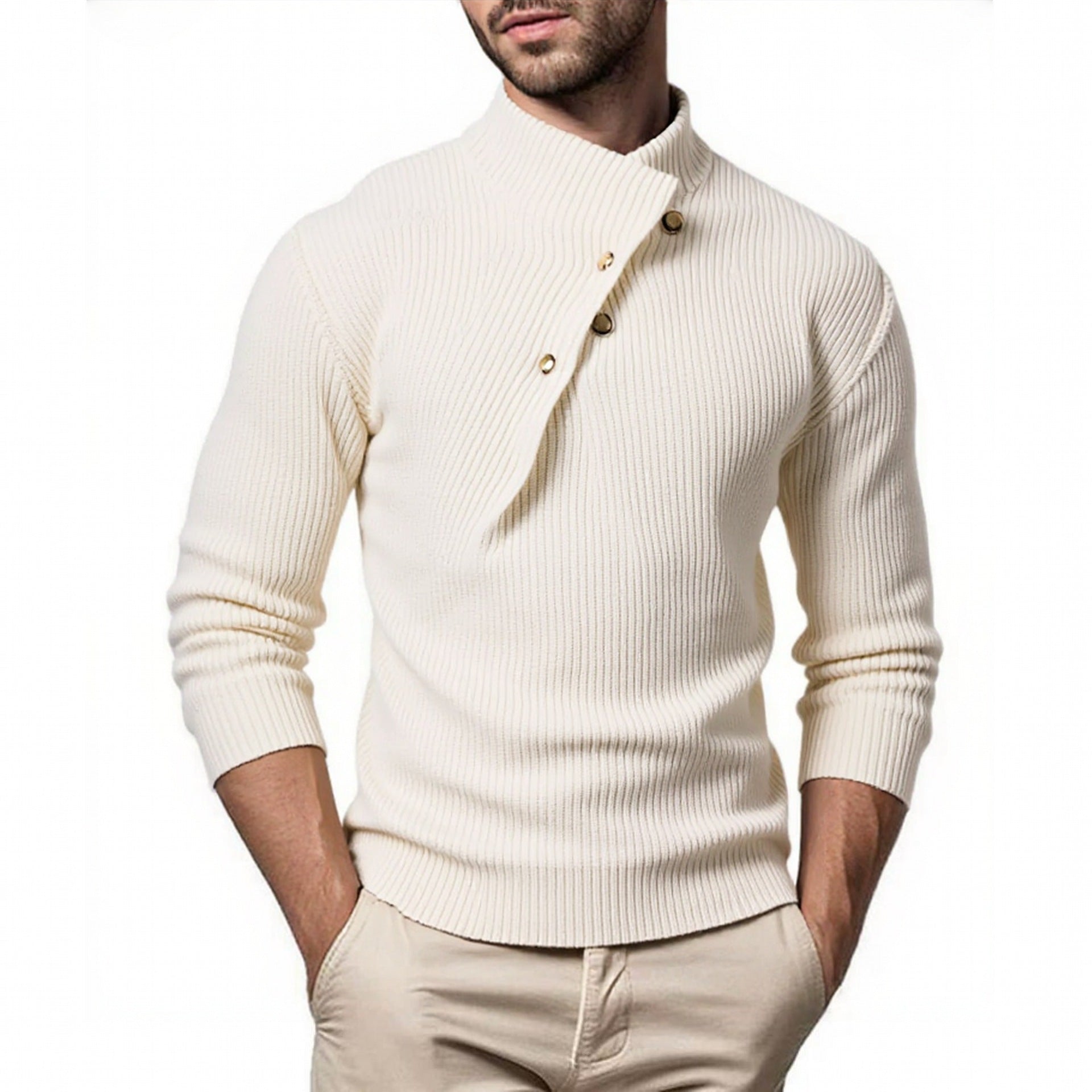 Herren modischer Strickpullover mit Stehkragen und asymmetrischer Knopfleiste Krohn-e