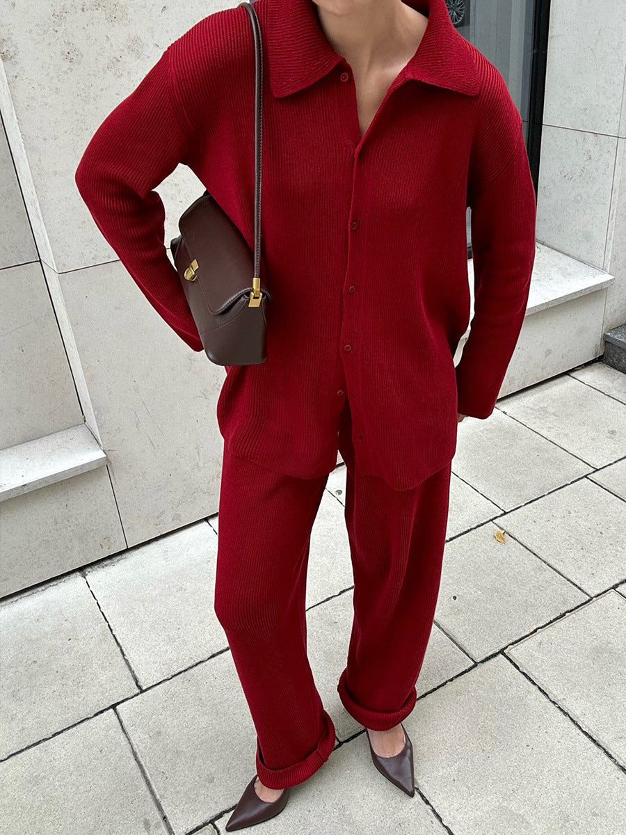 Krohn-e | Einreihige Gerippte Strickjacke und Lockere Hosen Satz