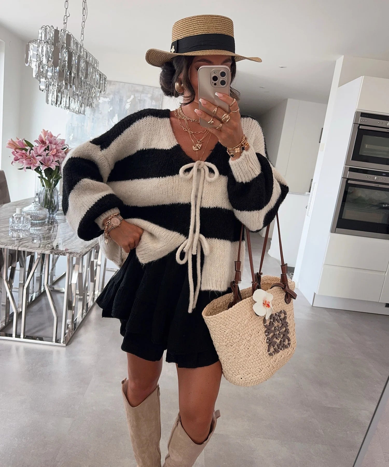 Damen lockere Strickjacke mit breiten Streifen und Bindegürtel Krohn-e