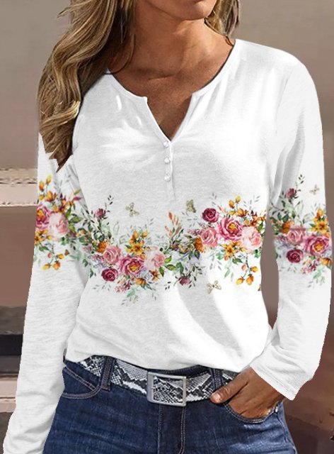 Damen Langarmshirt mit floralem Motiv und Knopfdetails Krohn-e