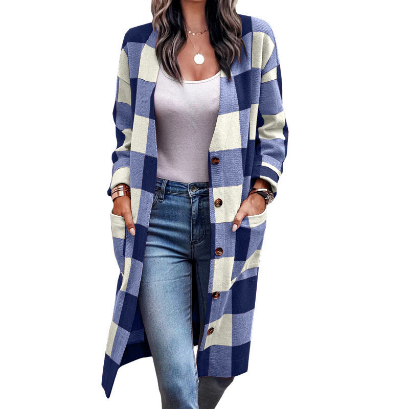Damen Längerer Karokartenjacke mit Taschen Krohn-e