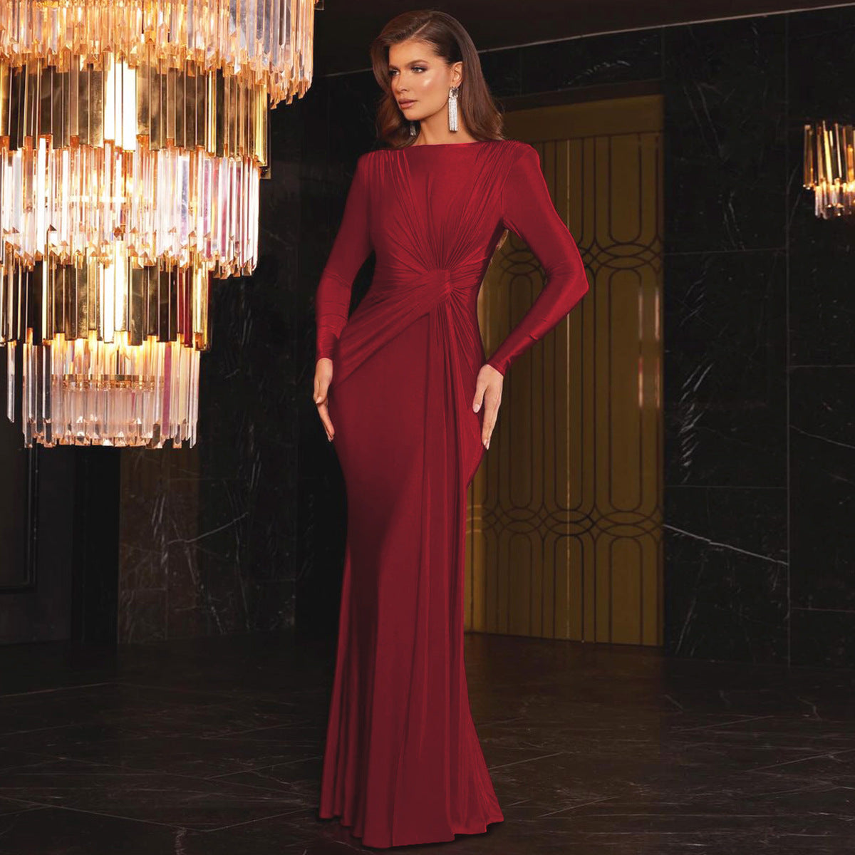 Damen Elegantes Langarm-Maxikleid mit Raffungen Krohn-e