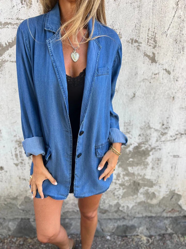 Krohn-e | Reversanzugkragen Denim Mid Length Jacke