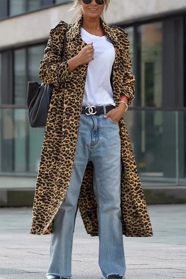 Krohn-e | Leoparden Revers Lockerer Langer Trenchcoat