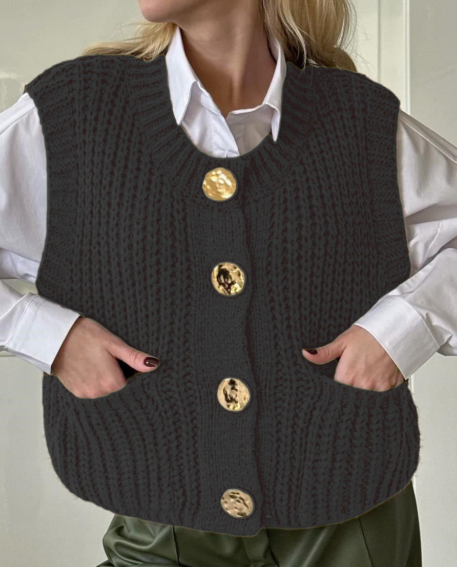 Damen gemütliche Strickweste mit großen Knöpfen und praktischen Taschen Krohn-e