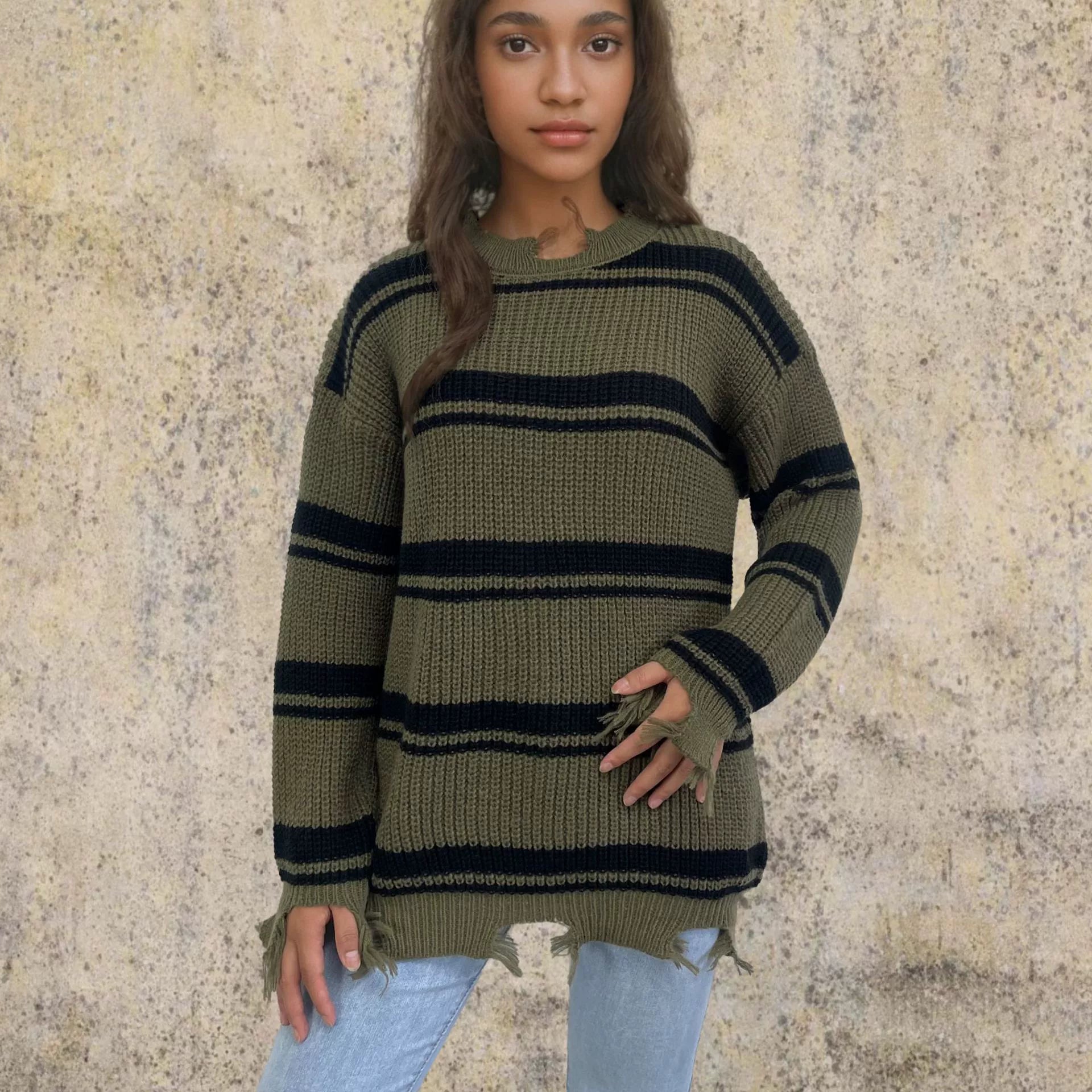 Krohn-e | Pullover Pullover Übergröße Fit Gestrickte Wolle Kontraststreifen Fransen Saum