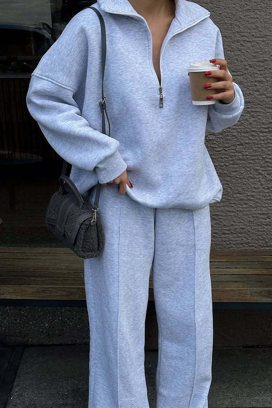 Krohn-e | Vibes Halb Offenes Pullover Sweatshirt und Hose Zwei Teiliges Satz