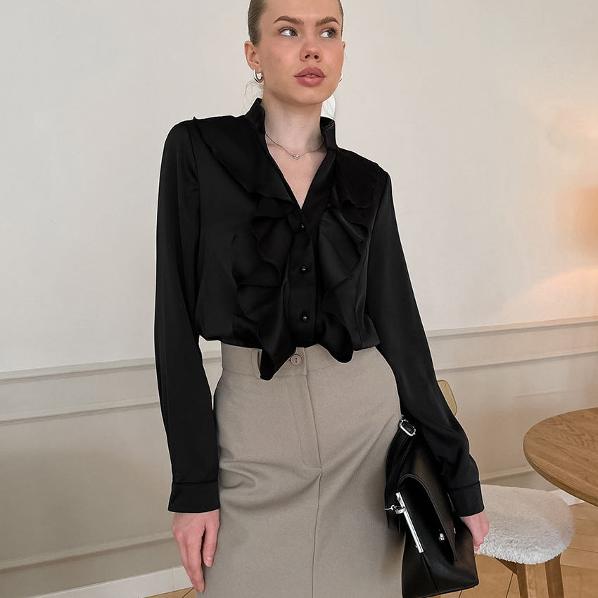 Edles Damen-Langarmhemd aus schwarzem Satin mit Stehkragen von Fudus